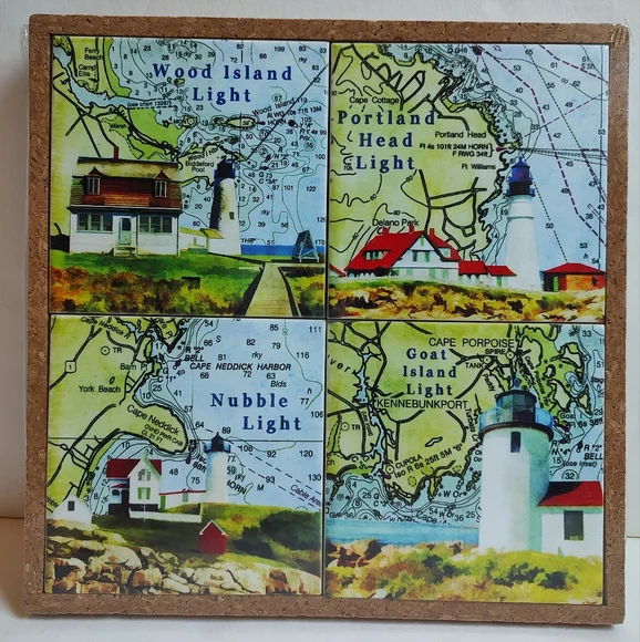 The Traveled Lane Maine Coast Lighthouse 4 Pc Coasters Trivet Ceramic Nautical Kitchen